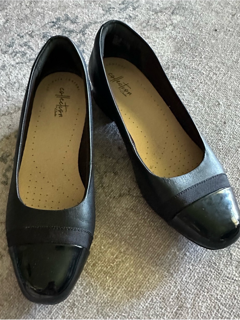 Clarks Black Women's Low Heel Flats with Patent Cap and Ribbon Detail